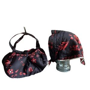 Vintage Mira Red & Black Quilted Puffy Asian Print Shoulder‎ Bag w/ Head Scarf